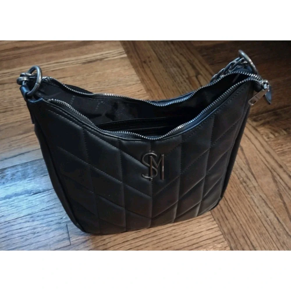 Steve Madden Black Quilted Hobo Shoulder Bag SM Logo Faux Leather Gunmetal chain
